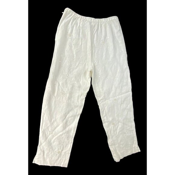 J JILL Women Pants Embroidered 100% Linen Wide Leg Size 8 White Sequence 79-16 - Picture 2 of 9